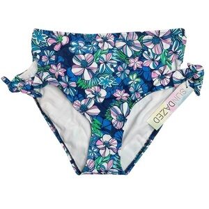 Sundazed Tatum Floral Print Tie Side High Waist Bikini Bottoms Blue Large New